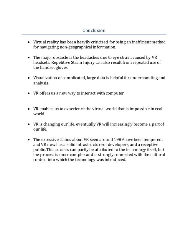 Conclusion for virtual reality paragraph on virtual reality